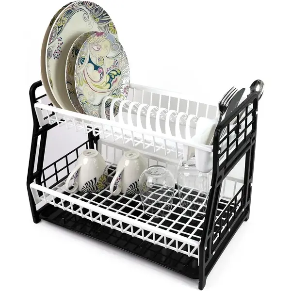 2-Tier Dish Drying Rack Large Capacity Plastic Dish Drainer, Utensil Holder, Drain board - Kitchen Counter, Over Sink Organizer for Plates, Bowls, Cups (Black) Multicolor