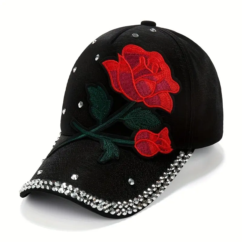Red Rose Patch Baseball Cap Rhinestone Decor Y2K Sports Hat Lightweight Adjustable Dad Hats 0