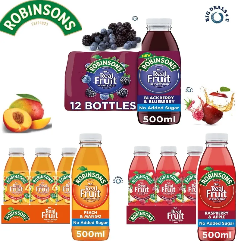 Robinsons Ready to Drink 12X500ML,Raspberry & Apple, Blackberry & Blueberry, Peach & Mango Bulk Buy Natural Fruity Beverage Tangy 0
