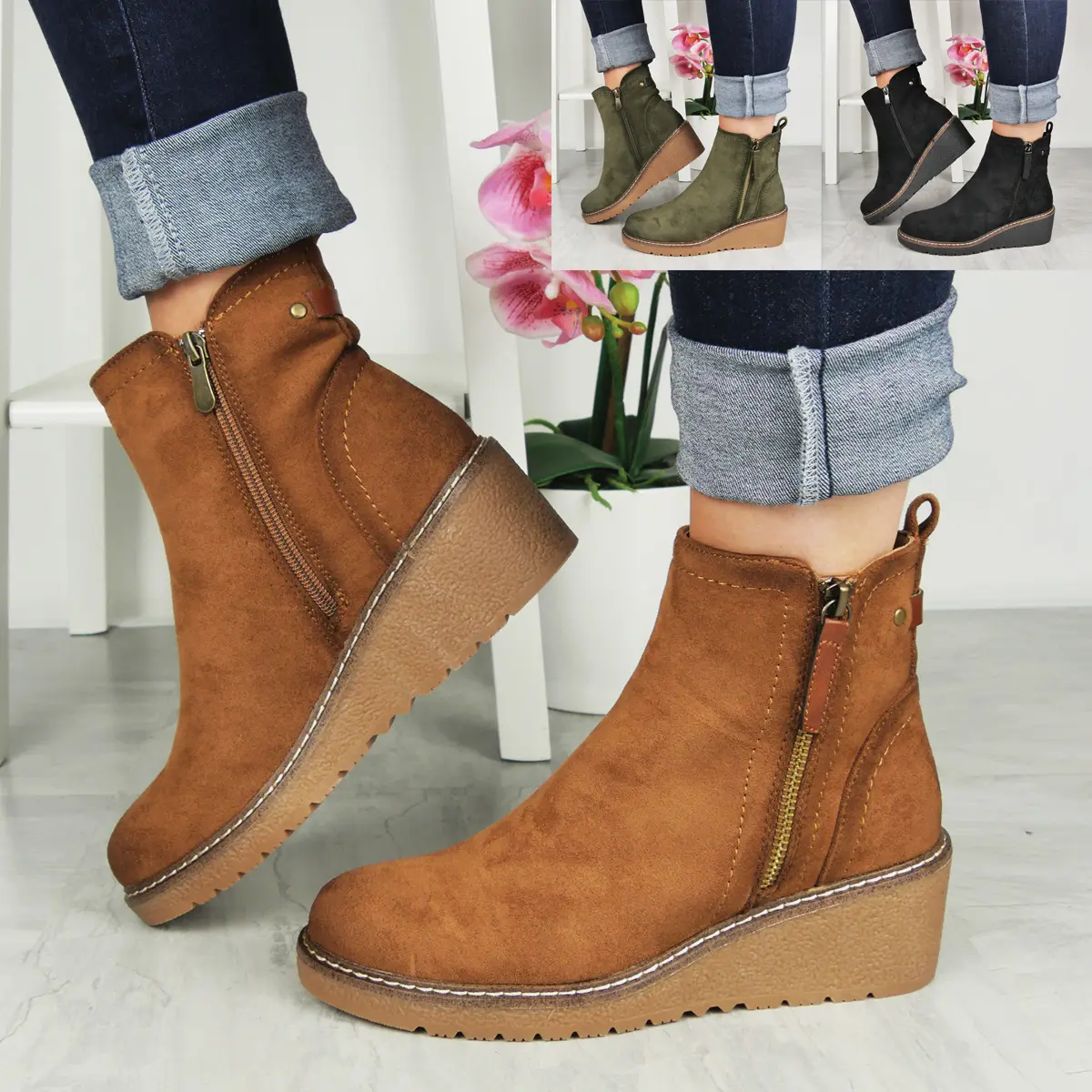 1986-6 Ladies Warm Lined Zip Faux Suede Grip Comfy Ankle Wedge Boots