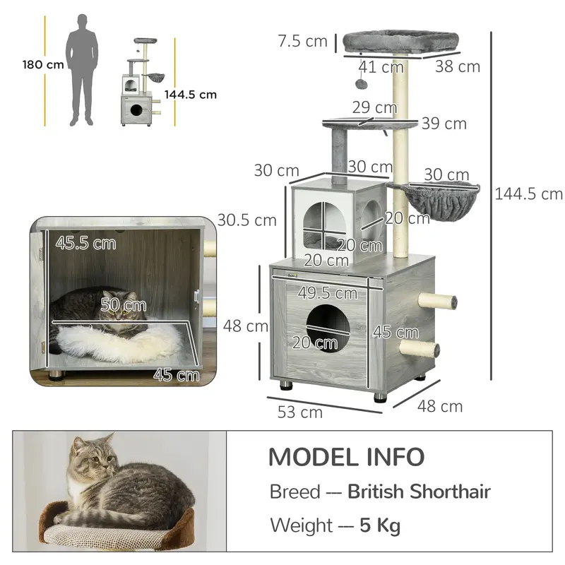 PawHut Enclosed Cat Litter Box with Cat House, Cat Bed, Scratching Posts, Platforms, for Indoor Cats - Grey 2
