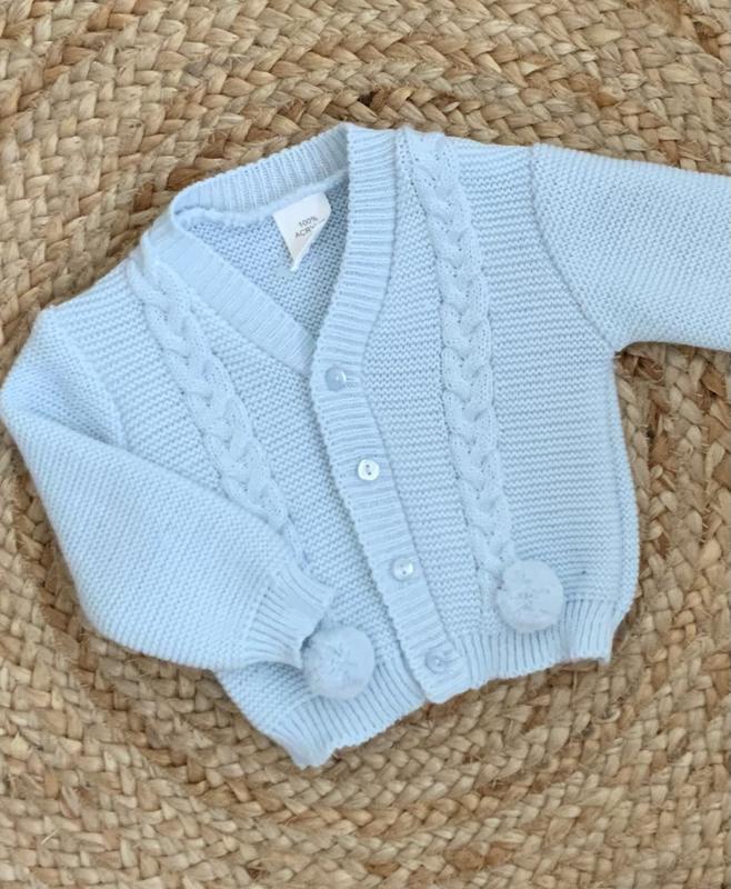 RILEY BABY BOYS CABLE KNIT POM POM CARDIGAN WHITE BEIGE NAVY BABY BLUE GREY 3