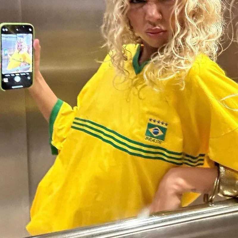Brazil Embroidery Yellow Tshirt Casual Loose Medium And Long Sleeves Y2k Clothing Tops Oversized T-shirt Beach Summer Women Tees Womenswear Underwear Lady Streetwear 3