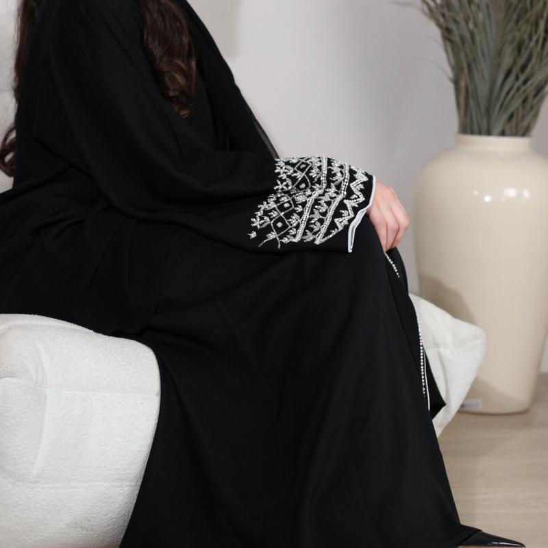 Amira Abaya - MAYLEES Detailed Sleeve Embellished Full-Length Women's 3-Piece Button-up Set Sizes 50-60 plain muslim party essential handmade soft fabric eid outfits glam regular sleeve casual traditional minimalist hijabis crew neck luxury 4