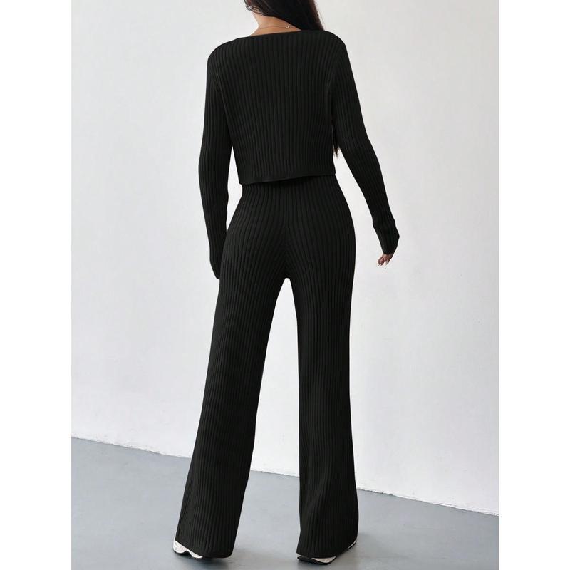 EZwear Autumn And Winter 2pcs/Set Women V-Neck Button Decor Contrast Color Long Sleeve Top And Knitted Long Pants Sweater Suit Clothes Fit Womenswear Comfort Fabric Gamis Trouser Casual Black 1