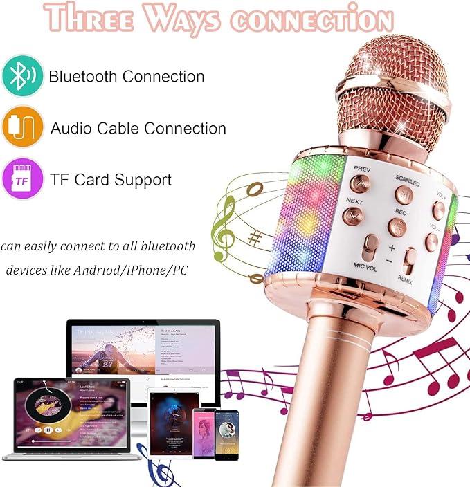 Wireless Bluetooth Karaoke Microphone with Led Lights Portable Handheld Singing Karaoke Speaker Machine Toys Gifts for Kids Adults - Rose Gold 3