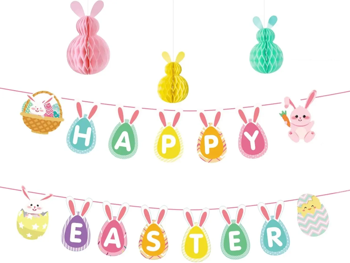 Happy Easter Banner Set, Easter Garland, Easter Bunny Bunting, Easter Egg Decorations, Easter Decorations for Home Parties.
