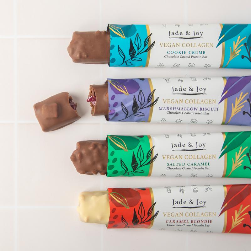 Jade & Joy Collagen Protein Bars, 12 x 50g Selection Pack, 2500mg Vegan Collagen, High Protein, Low Sugar, Low Calories, Dairy Free and Gluten Free, Vitamins & Minerals, Plant Collagen, Milk and White Chocolate Snack Natural 2