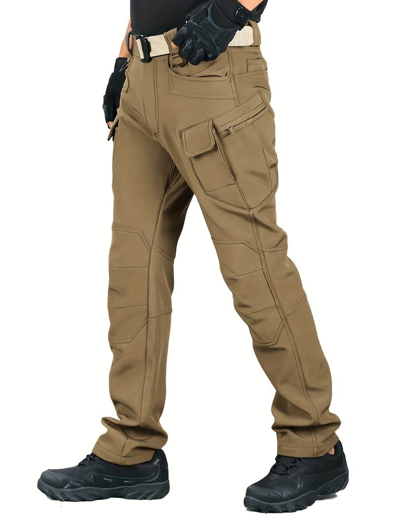 Product Introduction of Men's Solid Color Thermal Cargo Pants, Slightly Stretch Multiple Pockets Design Pants For Winter Outdoor Activities Menswear Trouser Plain Beige 10