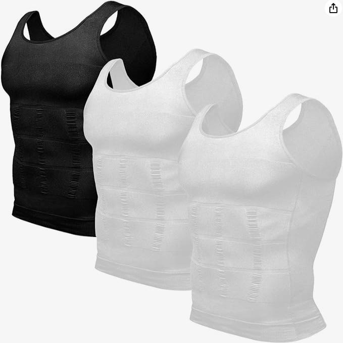 S M L XL XXL White and Black Men Solid Compression Shapewear Tank Top Stretch Tummy Control Shaper Vest Casual Plain Menswear Underwear Bestie Operator Techwear Biker Beige Wetsuit Tropical 3