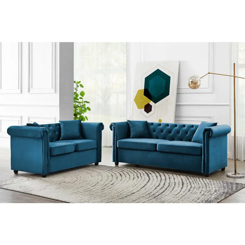 Ascot Chesterfield 3 Seater Sofa Blue Velvet 2