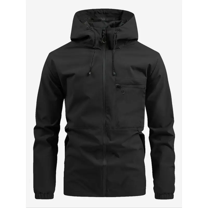 Men's Solid Pocket Drawstring Hooded Jacket, Regular Fit Zip Up Jacket, Stylish Outfit for Spring & Fall, Windbreaker for Men, Menswear, Men's Tops, Mens Clothing,  Winter Coats Underwear Beige Plain 1