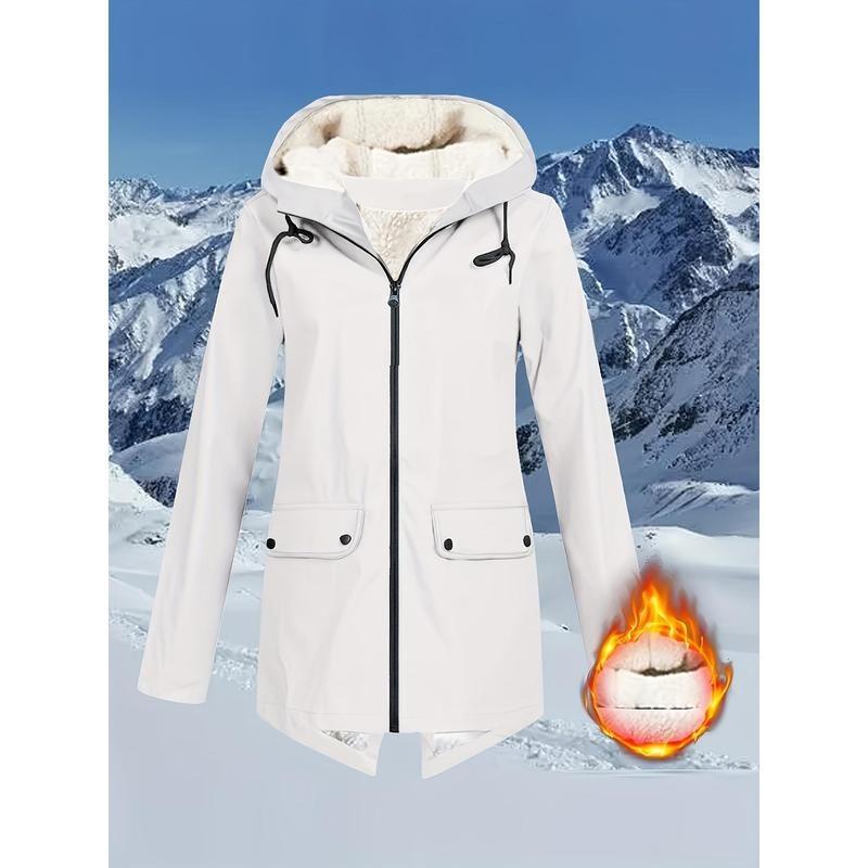 Flap Pockets Zip-up Hoodie Jacket, Casual Long Sleeve Drawstring Windbreaker Jacket For Fall & Winter, Women's Clothing Fabric Womenswear 6