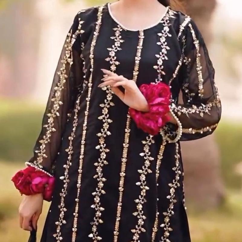 Kit Kat Chiffon Embroidered Black Kameez With Trouser - | PD-1114-6| Wedding Boat Neck Elegant Dress Dupatta 2