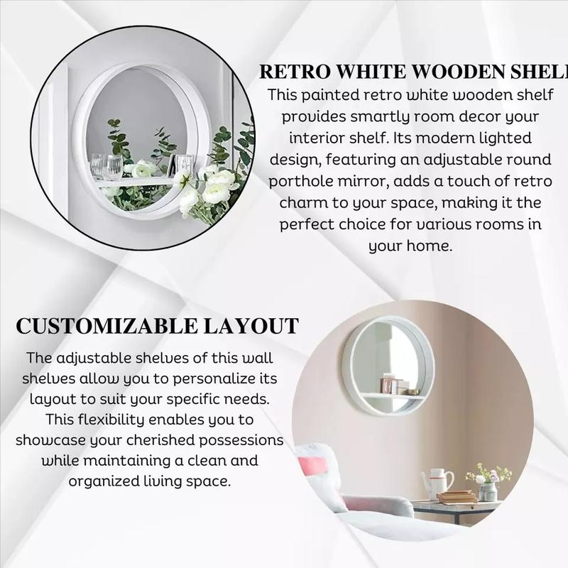 Round Wall Mirror Shelf White Porthole Bathroom Decor Home Hanging Bedroom Mount 5