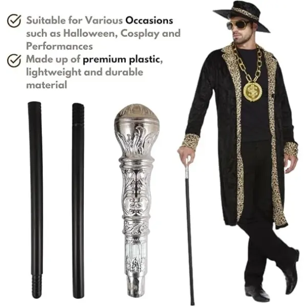 Stylish Costume Gold and Siver Top Cane – 85cm Long, Adjustable Walking Stick for Cosplay, Halloween, and Performances 6