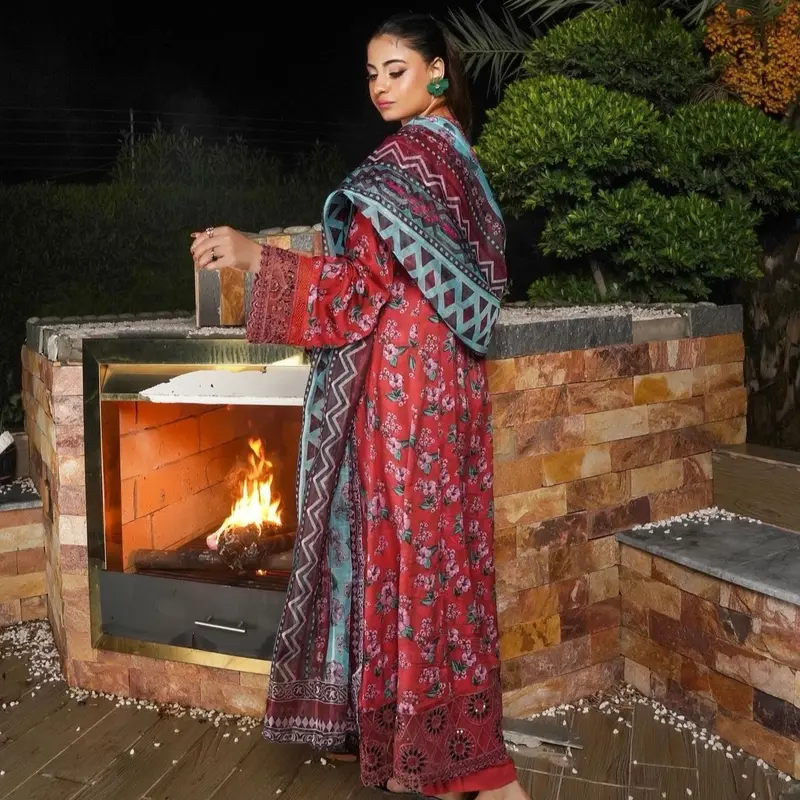 Munira Designer 3 Piece Linen Stitched Casual Red - MSL - 07 winter suits Embroidered punjabi dresses asian clothing 1