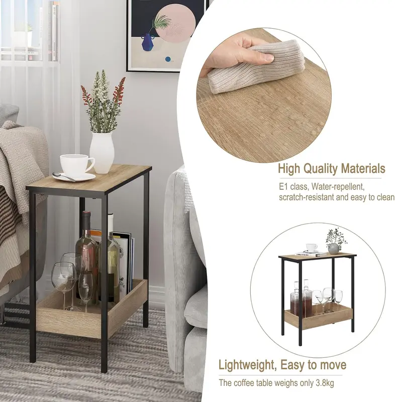 WOLTU Coffee Table, Side Table with 2 Shelves, Bedside Table Easy Assembly, Living Room Table, Small Table with Black Frame and Light Oak Shelves, 50x55x25cm coffee table BTS03hei 4