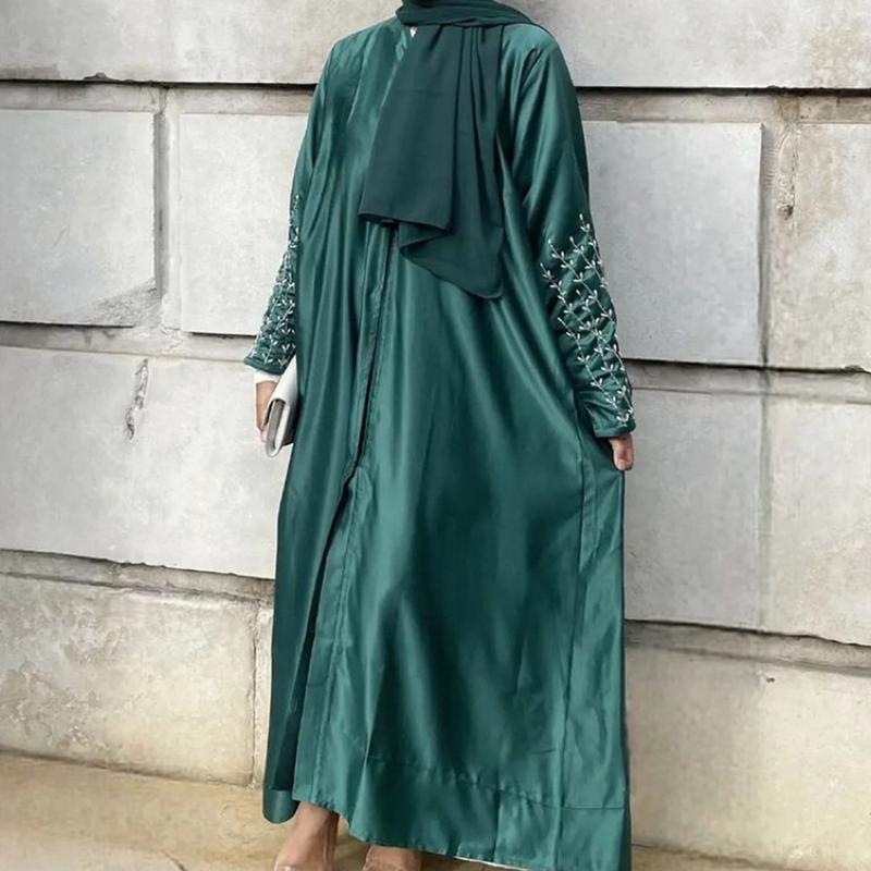 Product Introduction of HS1024 1pcs Satin Cardigan Handmade Beaded Dress Abaya 7