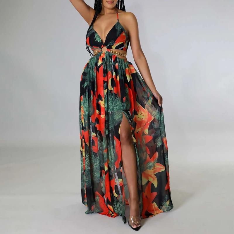 Product Introduction of Floral Print Maxi Dress For Women Stylish French Halterneck Summer Dress Mid Length Camisole Dress Elegant High Split Dress 66