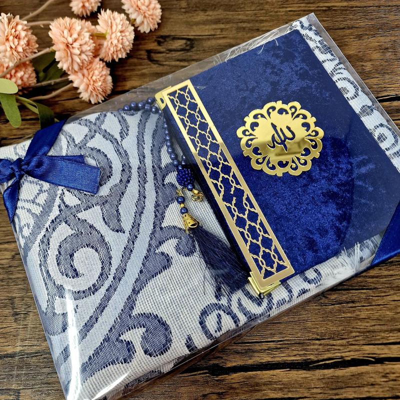 Yaqeen Islamic Gift Set (Surah Booklet, Prayer Beads Tasbeeh + Prayer Rug) Namaz Oriental Muslim Carpet Janamaz Sajadah, Hajj Umrah Ramadan Eid Wedding Niqah Gift Muslimah Velvet Cover Quran Muslim gift 2