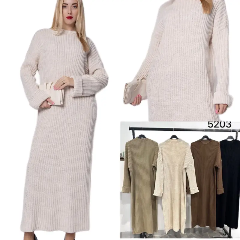 Women's Long Cozy Knit Dress with Turn Up Sleeves - Casual Maxi Dress for Curvy Jumper - Womenswear Winter Comfortable Elegant Evening 1