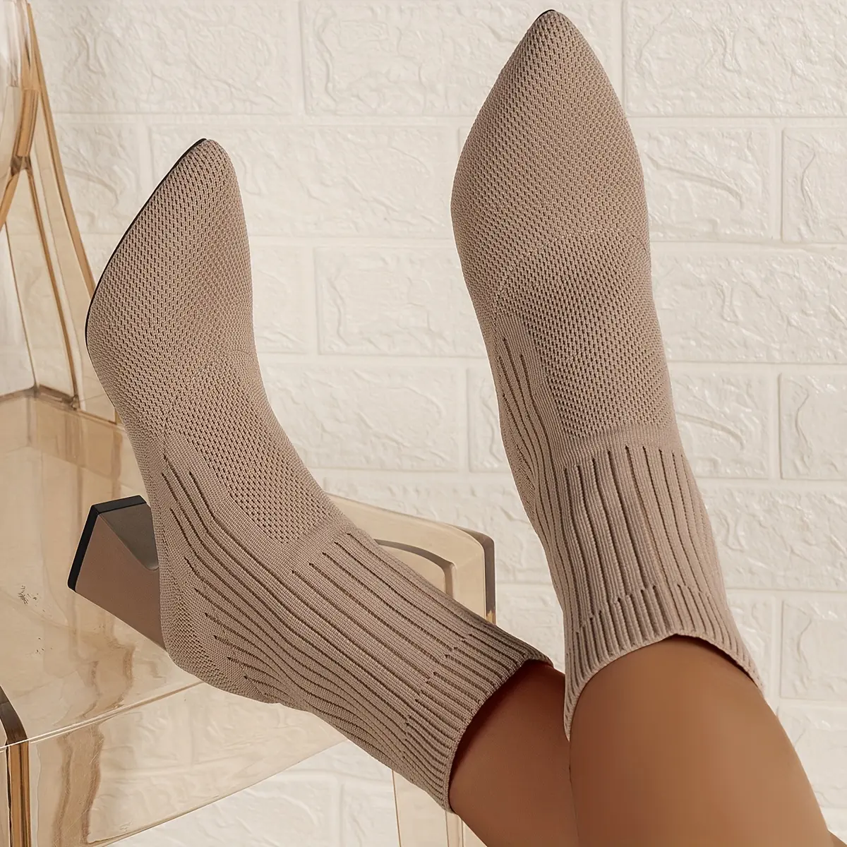 Women's Solid Color Knitted Boots, Slip On Comfy Chunky Heel Breathable Boots, Winter Point Toe Elastic Slim Boots