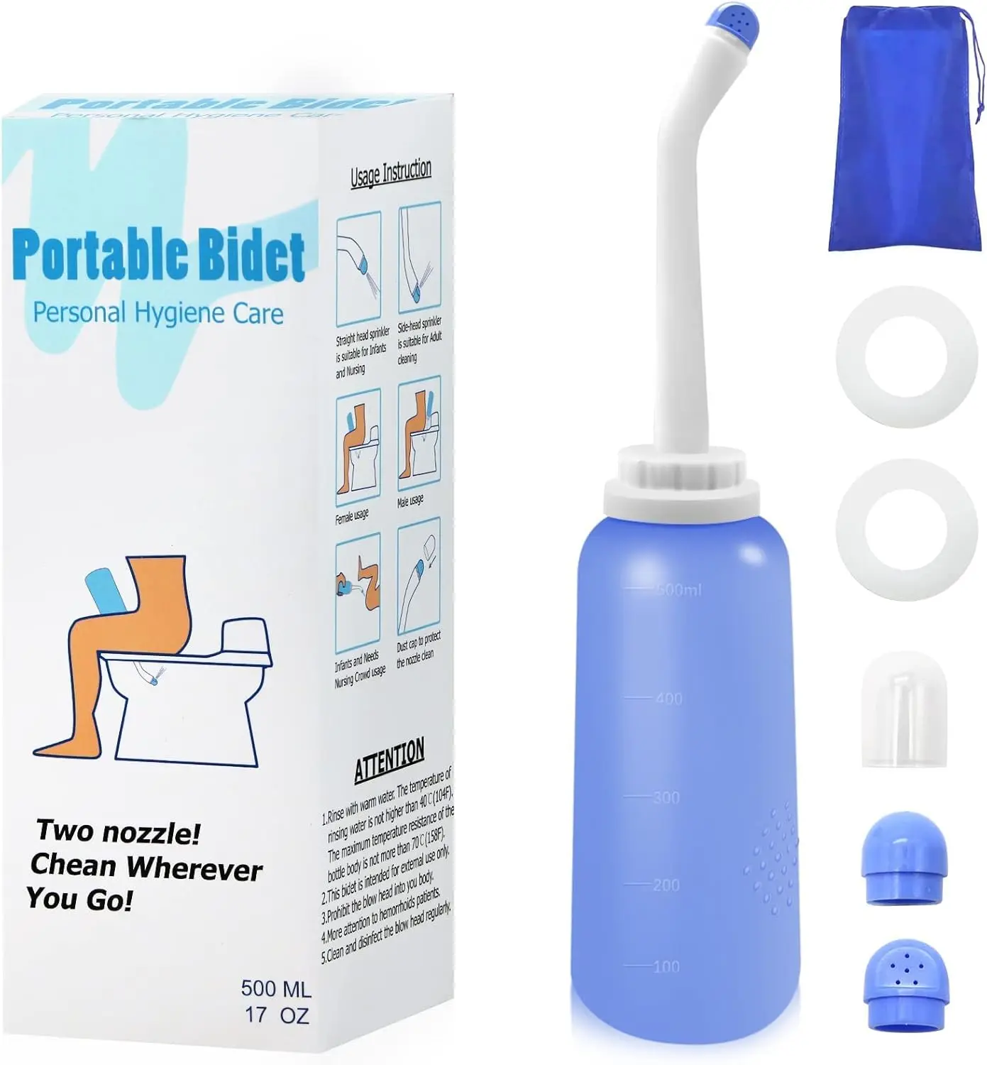 Portable Travel Bidet with Carry Bag, TPE Material for High Temperature Resistance, 500ml Capacity with 2 Sealing Rings, Essentials for Postpartum Perineal Care,Hemorrhoid Treatment(Blue)