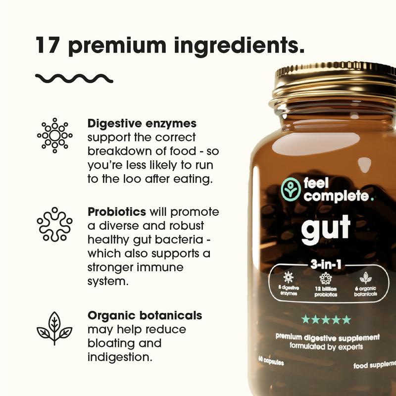 Gut 3-in-1 Supplement. Made For Gut Health & Bloating. 12 Billion Probiotics, 5x Digestive Enzymes & 6x Organic Botanicals. Vegan, Made in the UK, No Fillers Or Bulking Agents, Gluten Free, GMO Free, Dairy Free, Nut Free. Healthcare Dietary 4