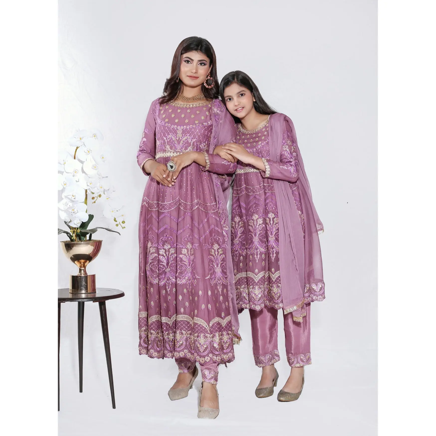 Mother & Daughter Ready to Wear Chiffon Maxi Dress DUSTY PINK D-216| Shop Pakistani Dresses