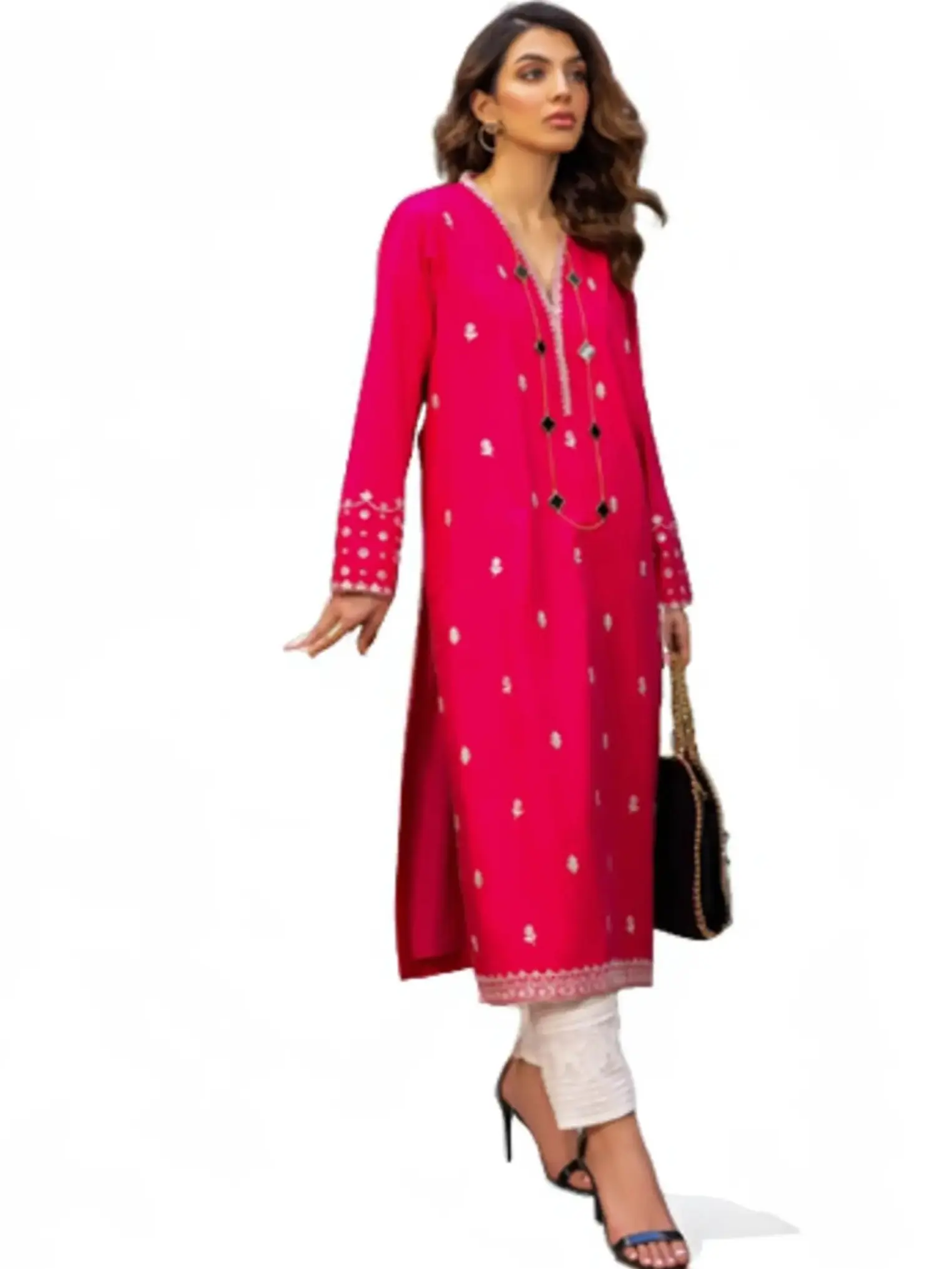 Asim Jofa AJPE-06 Women's Cotton Kurta - 1Pc Pink Embroidered Self Jacquard Shirt, Long Sleeves, V-Neck - Blouses, Tops