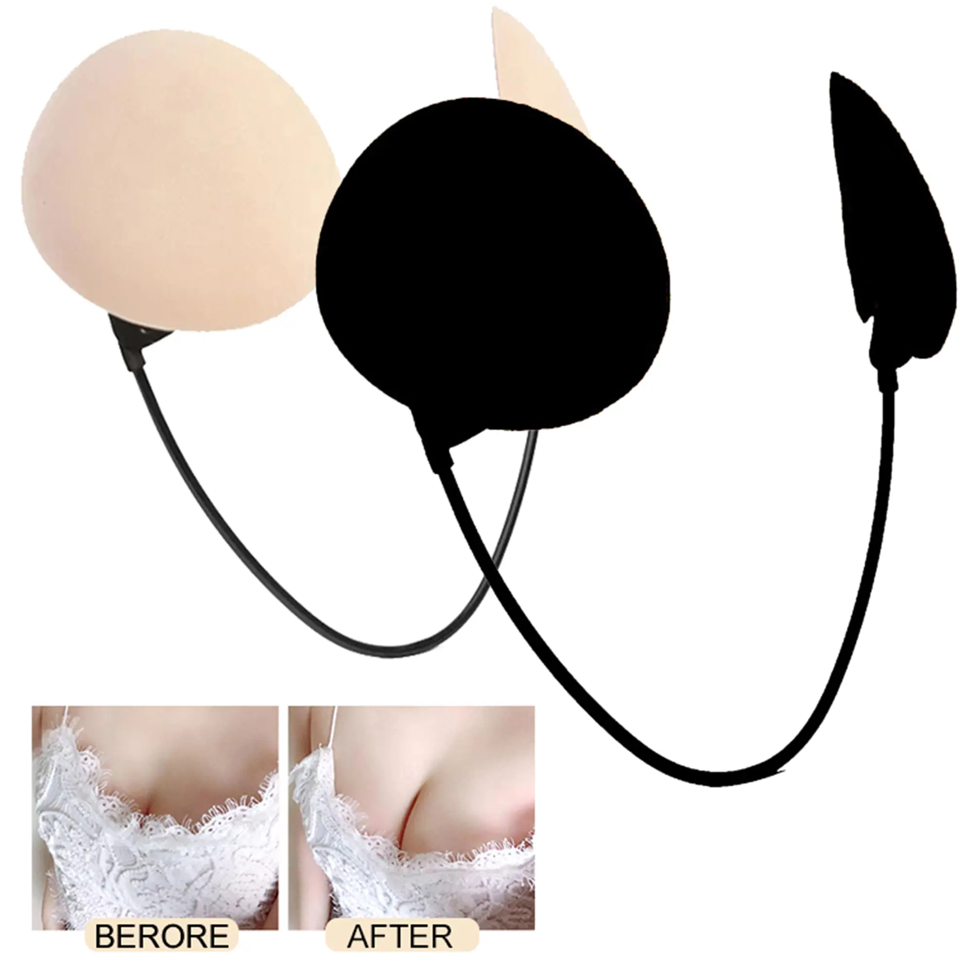 Strapless Stick-On Push-Up Invisible Bra - Backless Bras for Women - Self-Adhesive Wireless Bras with Adjustable Straps - Nude, Black
