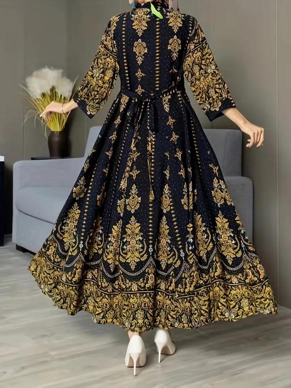 ONE SIZE 3/4 Sleeve Maxi Dress - Elegant Floral V-Neck, Flowy Swing Design - Perfect for Spring Vacations & Summer, Women's Fashion, Pakistani dress, Indian dress, Bangladesh dress, Afghanistan dress, Asian dress, Middle East Dress, Party dress, gift 2