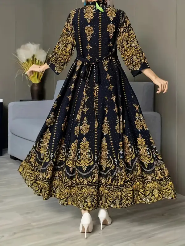 ONE SIZE 3/4 Sleeve Maxi Dress - Elegant Floral V-Neck, Flowy Swing Design - Perfect for Spring Vacations & Summer, Women's Fashion, Pakistani dress, Indian dress, Bangladesh dress, Afghanistan dress, Asian dress, Middle East Dress, Party dress, gift 2