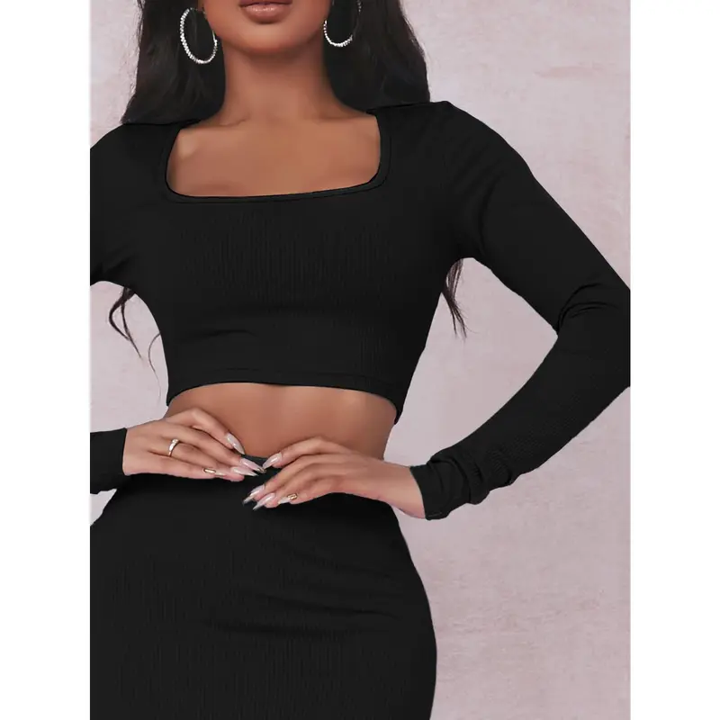 【Buy 1 with free gift】 Square Neck Crop Top & Split Thigh Skirt 3