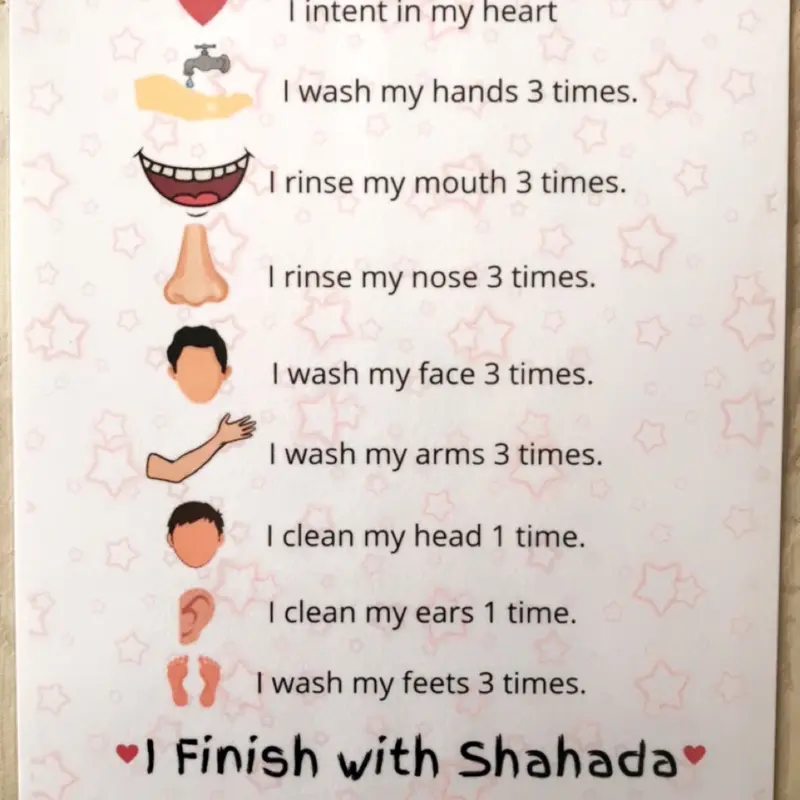 Wudu chart step by step instructions for kids colourful laminated sheet 1