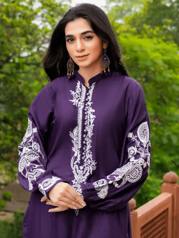 Haneen Collection By Momina Designer | PD-440-11 | - 2 Piece Stone Linen Embroidered Kurti With Trouser For Women Dress Traditional Womenswear Clothing 2