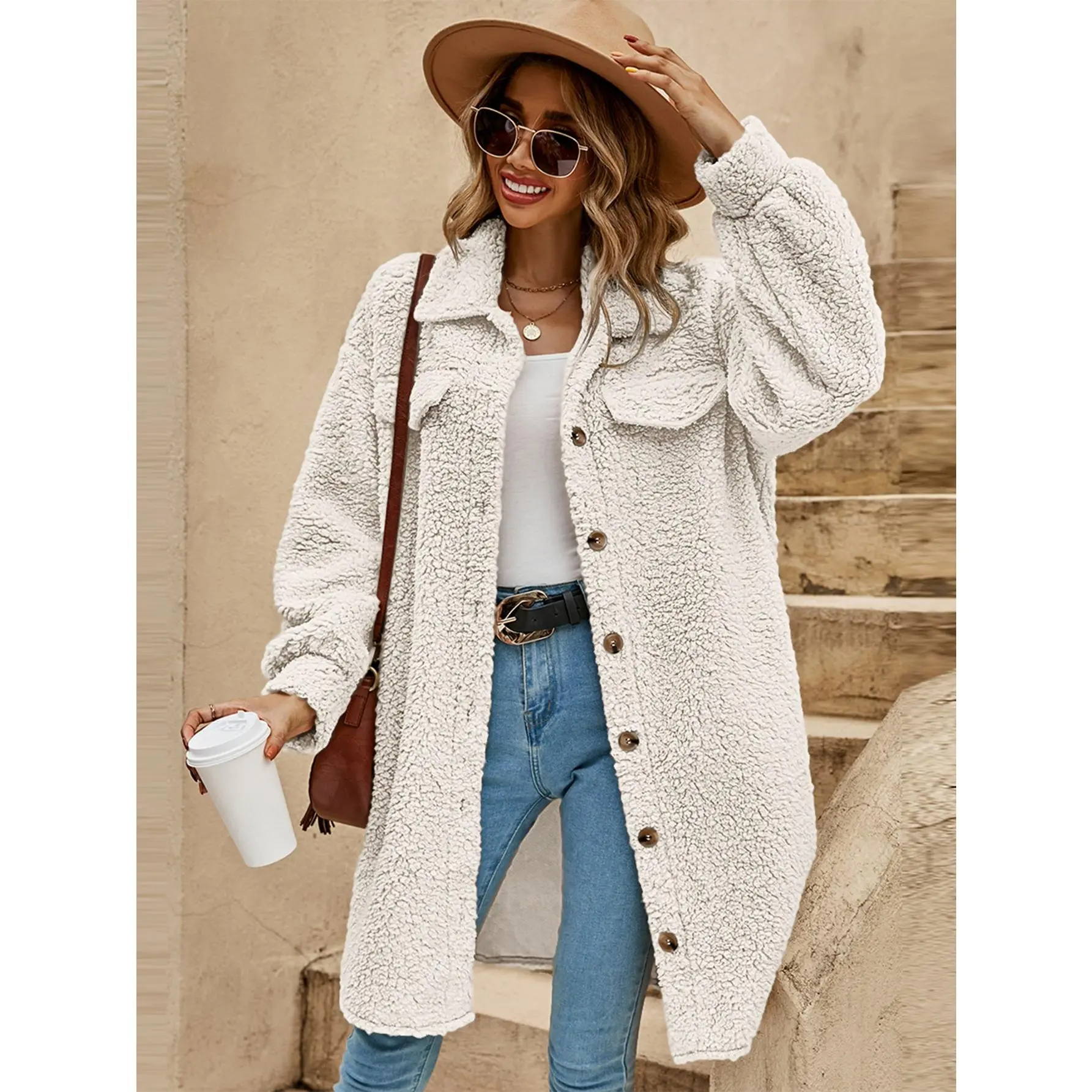 Frenchy Drop Shoulder Flap Detail Teddy Coat Fit Long Sleeve