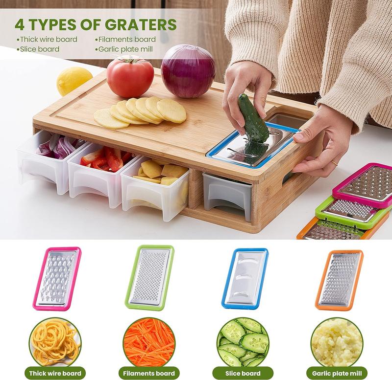 Bamboo Cutting Board with 4 Containers, Large Chopping Board with Juice Grooves, Easy-Grip Handles & Food Sliding Opening, Carving Board with Trays for Food Storage, Transport, and Clean-Up Kitchen 1