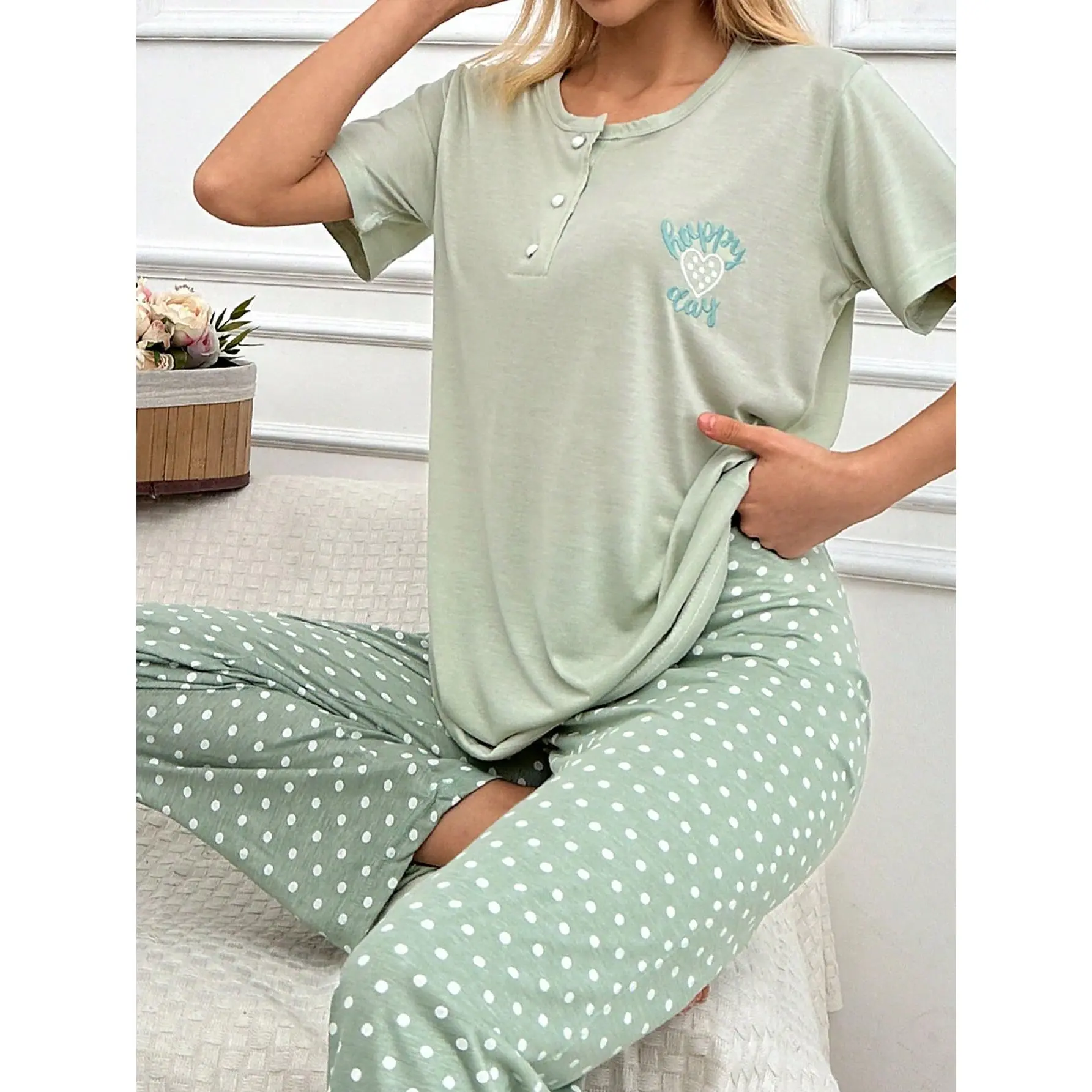 Cottnline 2pcs/Set Women  Polka Dot Print And Happy Day Embroidered Homewear Lounge Set Cotton Loungewear