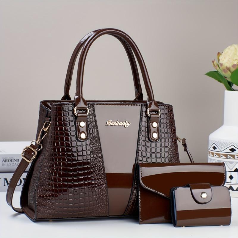 Product Introduction of 3pcs Elegant Faux Leather Satchel with Crocodile Pattern, Sequined, Spacious Multi-Functional Bag, Lightweight Fashion Handbag with Zip Closure and Fixed Shoulder Straps, with Spandex Lining for Women 2