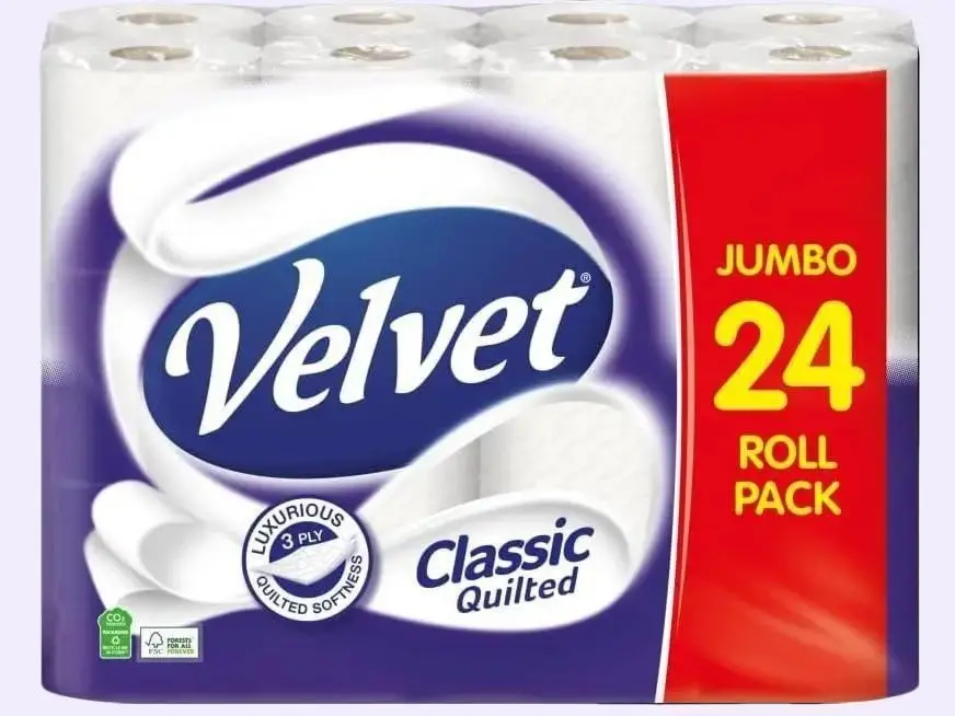 Velvet Classic Quilted Toilet Tissue 24 Rolls - Luxuriously Soft, Strong and Absorbent Toilet Roll - Jumbo Bulk Pack 24 Rolls - 3-ply - White