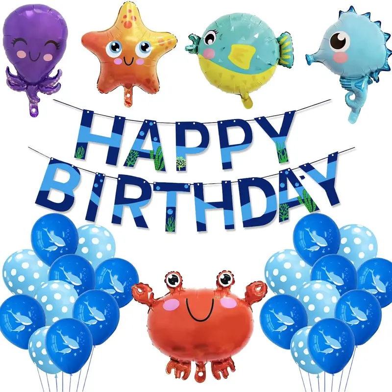 Under The Sea Party Decorations Kit, Party Supplies Ocean Theme 26pcs Balloons Banner set, Blue Marine Animal Dolphin Octopus Clown Fish Foil Balloons For 1st 2nd Boys Girls Kids Birthday 3