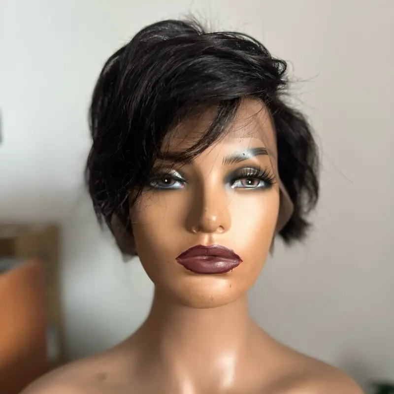 Remy Hair Pixie Short Wig in Natural Color Black - 13x4 Lace Frontal + FREE wig bag