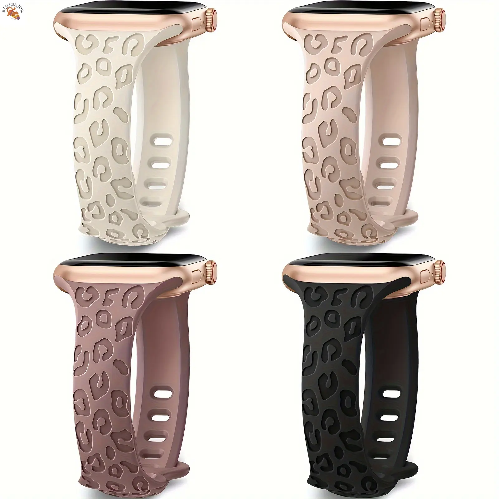 RISELDAJOR   4-Pack Thin & Breathable Leopard Engraved Silicone Bands for Apple Watch, Water-Resistant, Fit for iWatch Ultra/Ultra 2, Series 9 - 1, SE - Perfect Sport Wristbands