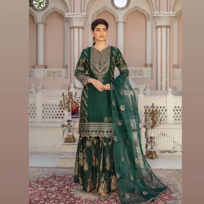 Beautiful Party Wear Embroidered & Digital Print 3pc Suit With Printed Gharara & Embroidered Net Dupatta 0