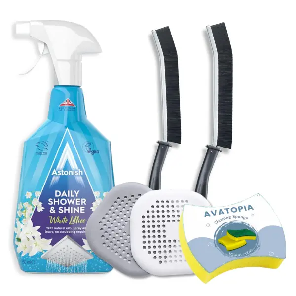 **Astonish Daily Shower Shine Spray + Sponge, Crevice Brushes & Drain Protectors | Bathroom Cleaner Bundle for Glass, Tiles & Hair Catchers**