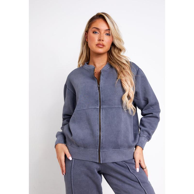 Tess Washed Charcoal Bomber Jacket Sweatshirt 1