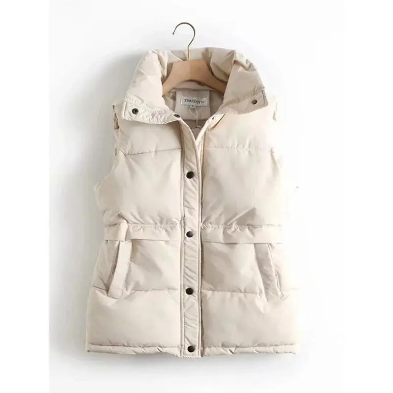Autumn Winter Women Solid Loose Vest Drawstring Stand Collar Long Vest Jacket  Cotton Padded Women Windproof Warm Waistcoat 6