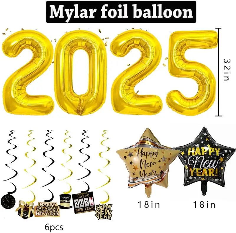 Happy New Year 2025 Party Decorations - Banner, Glasses, Latex Balloons, and Foil Swirl Streamers 0